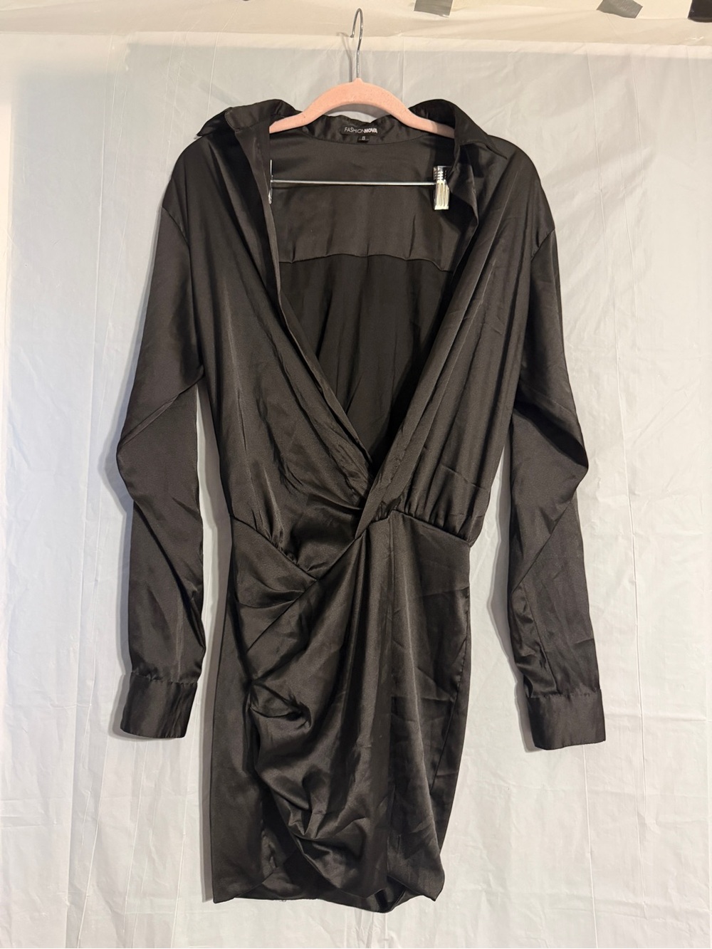 Fashion Nova Black Satin Ruched Wrap Mini Dress Long Sleeve Size S